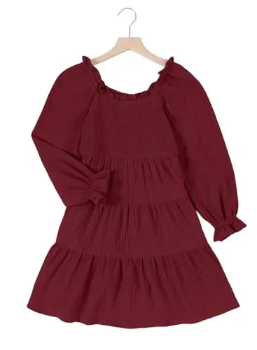 blibean Girls Long Sleeve Ruffle Dresses Tween Fall Cotton Boho Tiered Square Neck Dress Big Kid Semi Formal Solid Fancy Party Clothes Dance Vestidos Niñas Size 6-7 Year Old Burgundy Red