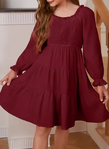 blibean Girls Long Sleeve Ruffle Dresses Tween Fall Cotton Boho Tiered Square Neck Dress Big Kid Semi Formal Solid Fancy Party Clothes Dance Vestidos Niñas Size 6-7 Year Old Burgundy Red