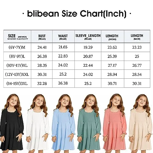 blibean Girls Long Sleeve Ruffle Dresses Tween Fall Cotton Boho Tiered Square Neck Dress Big Kid Semi Formal Solid Fancy Party Clothes Dance Vestidos Niñas Size 6-7 Year Old Burgundy Red