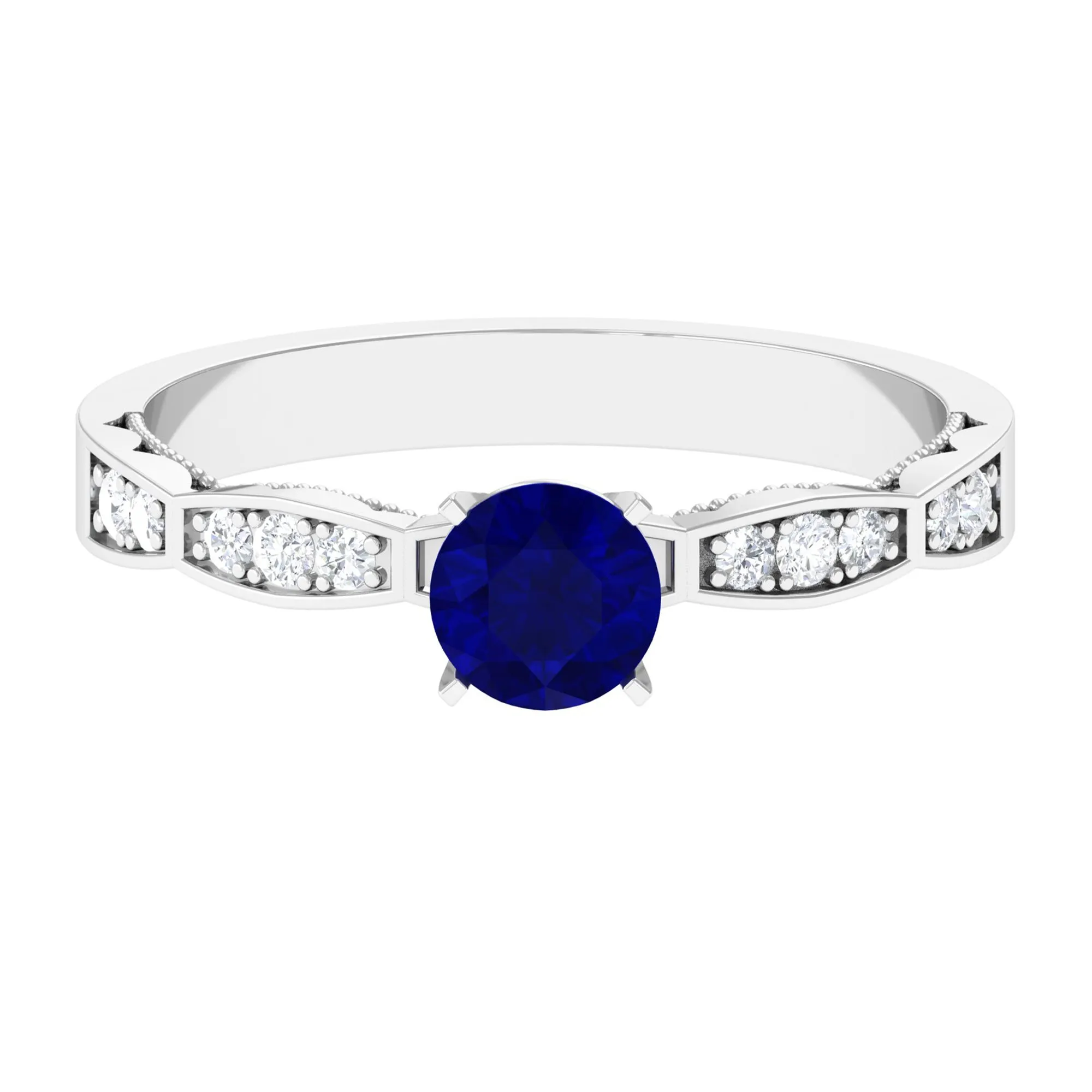 Blue Sapphire Solitaire Engagement Ring with Diamond Side Stones