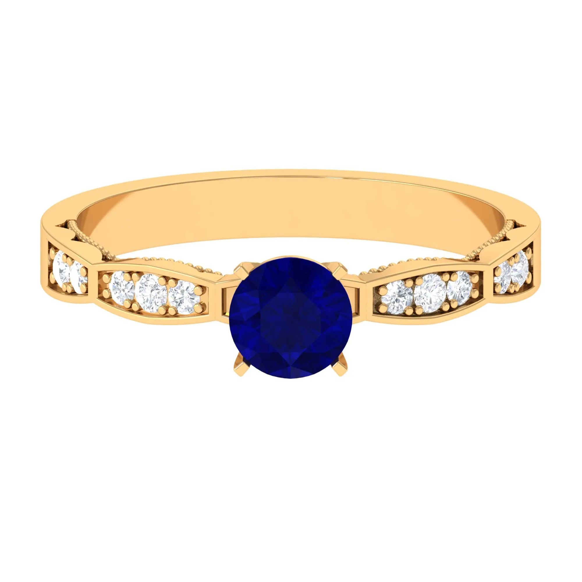 Blue Sapphire Solitaire Engagement Ring with Diamond Side Stones