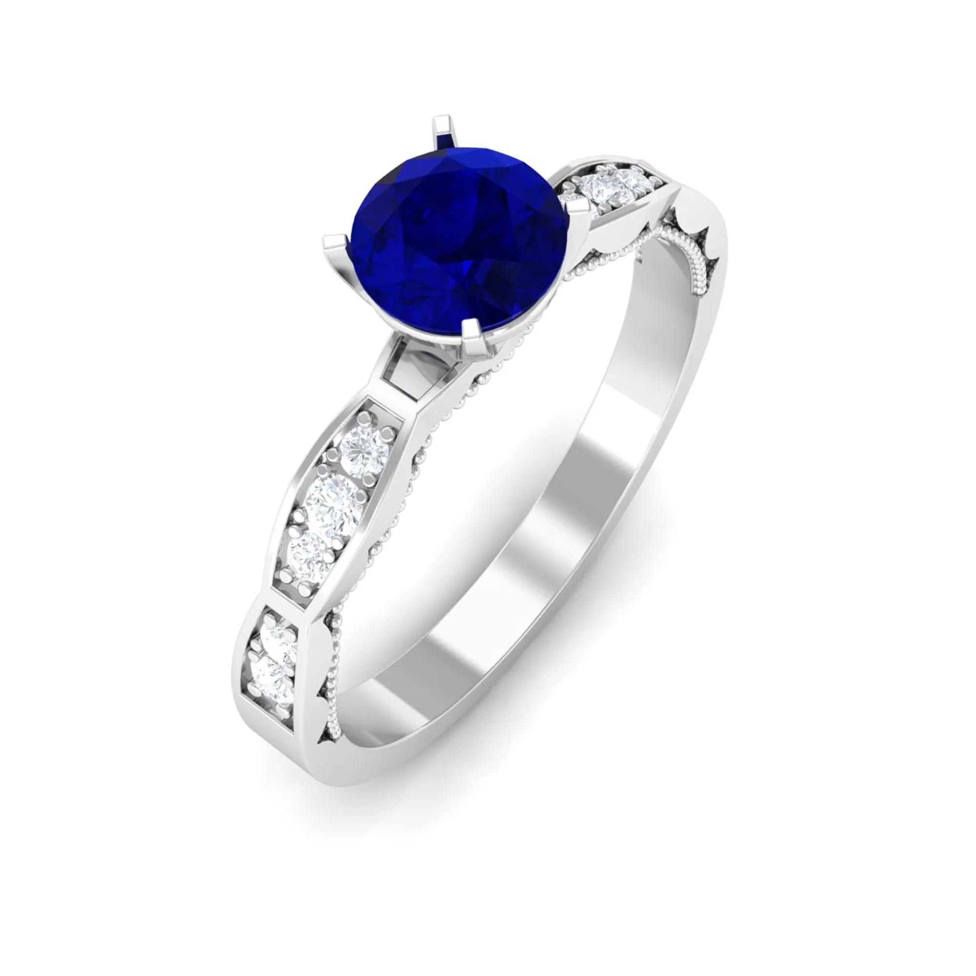 Blue Sapphire Solitaire Engagement Ring with Diamond Side Stones