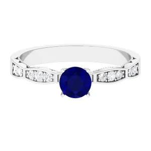 Blue Sapphire Solitaire Engagement Ring with Diamond Side Stones