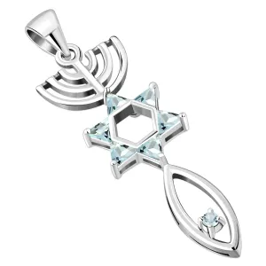 Blue Topaz CZ Messianic Seal of Jerusalem Silver Pendant