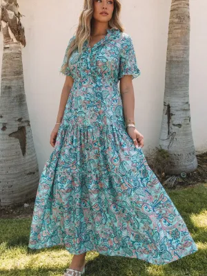 Bohemian Sky Blue Paisley Ruffle Maxi Dress with Mediterranean Vibes