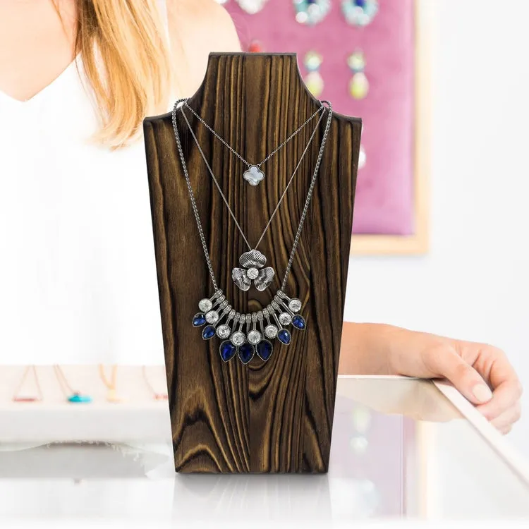 Burnt Wood Necklace Holder with Black Metal Wire Stand, Tabletop Neckline Cutout Jewelry Rack