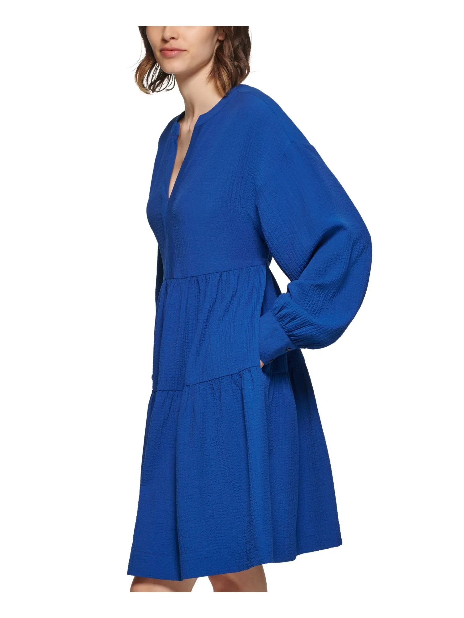 CALVIN KLEIN Womens Blue Textured Pocketed Tie-back Tiered Skirt Long Sleeve V Neck Above The Knee Party Fit   Flare Dress