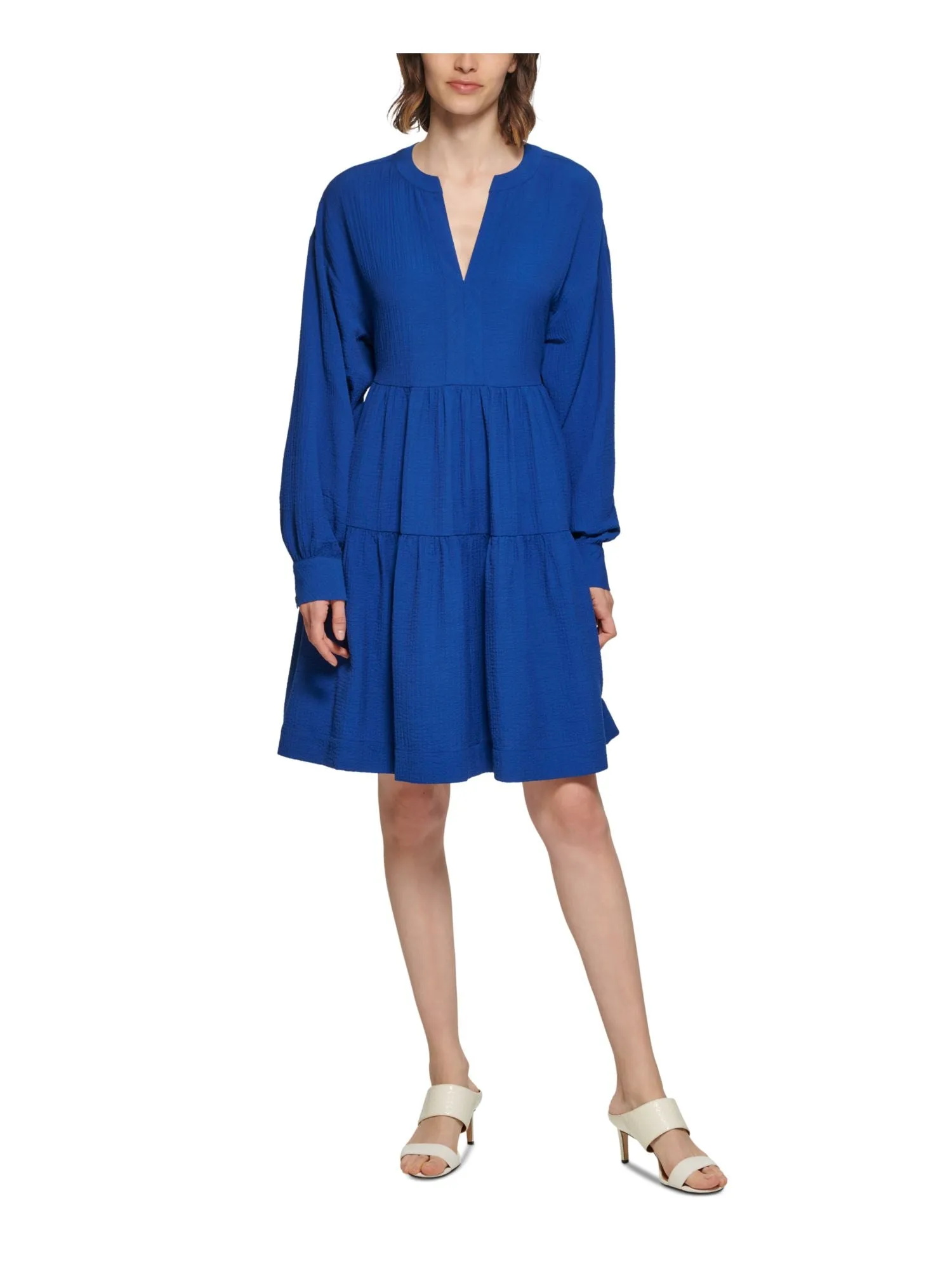 CALVIN KLEIN Womens Blue Textured Pocketed Tie-back Tiered Skirt Long Sleeve V Neck Above The Knee Party Fit   Flare Dress