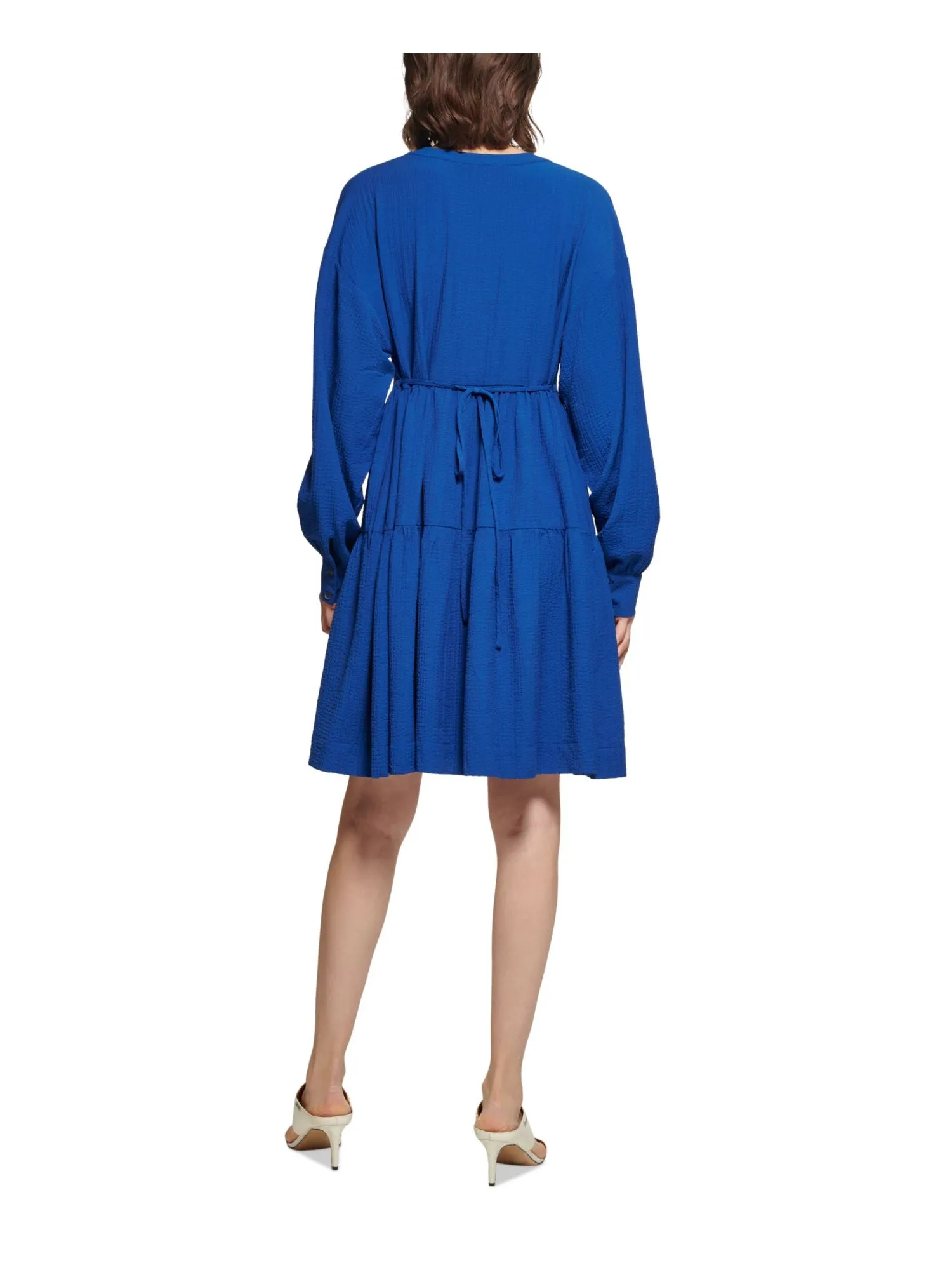 CALVIN KLEIN Womens Blue Textured Pocketed Tie-back Tiered Skirt Long Sleeve V Neck Above The Knee Party Fit   Flare Dress