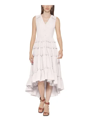 CALVIN KLEIN Womens Ivory Ruffled Button Down Tiered Hi Lo Hem Sleeveless V Neck Midi Shirt Dress