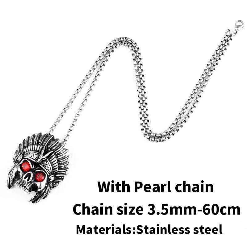 cheif skull pendant necklace with red stone Chain Stainless Steel biker huge heavy power Jewelry