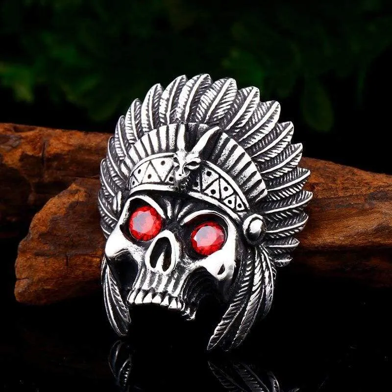 cheif skull pendant necklace with red stone Chain Stainless Steel biker huge heavy power Jewelry