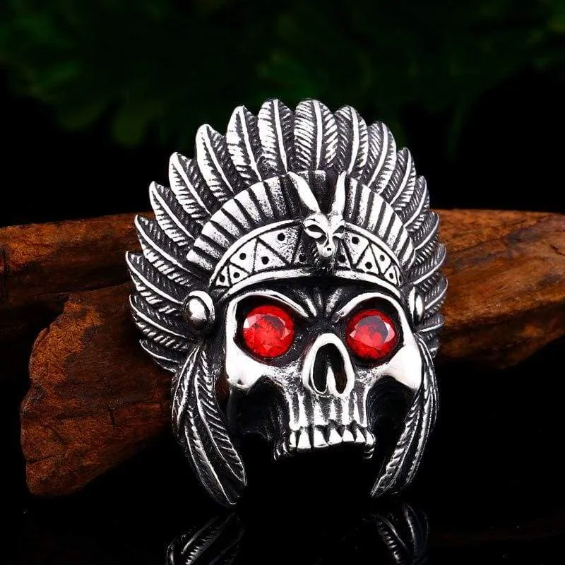 cheif skull pendant necklace with red stone Chain Stainless Steel biker huge heavy power Jewelry