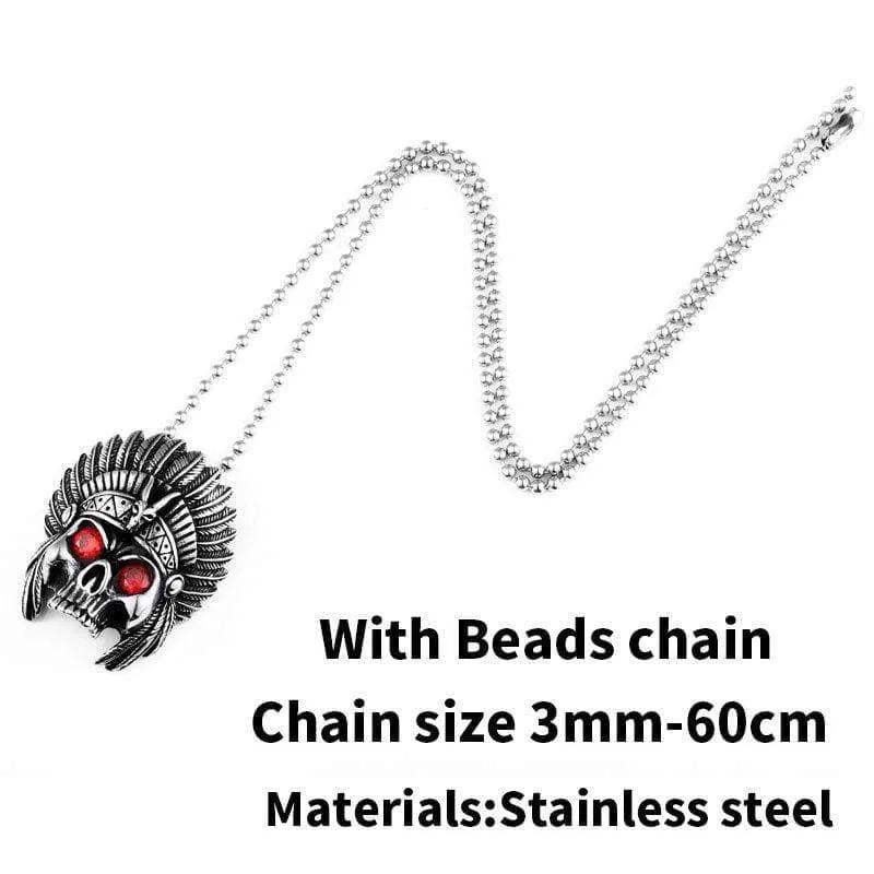 cheif skull pendant necklace with red stone Chain Stainless Steel biker huge heavy power Jewelry