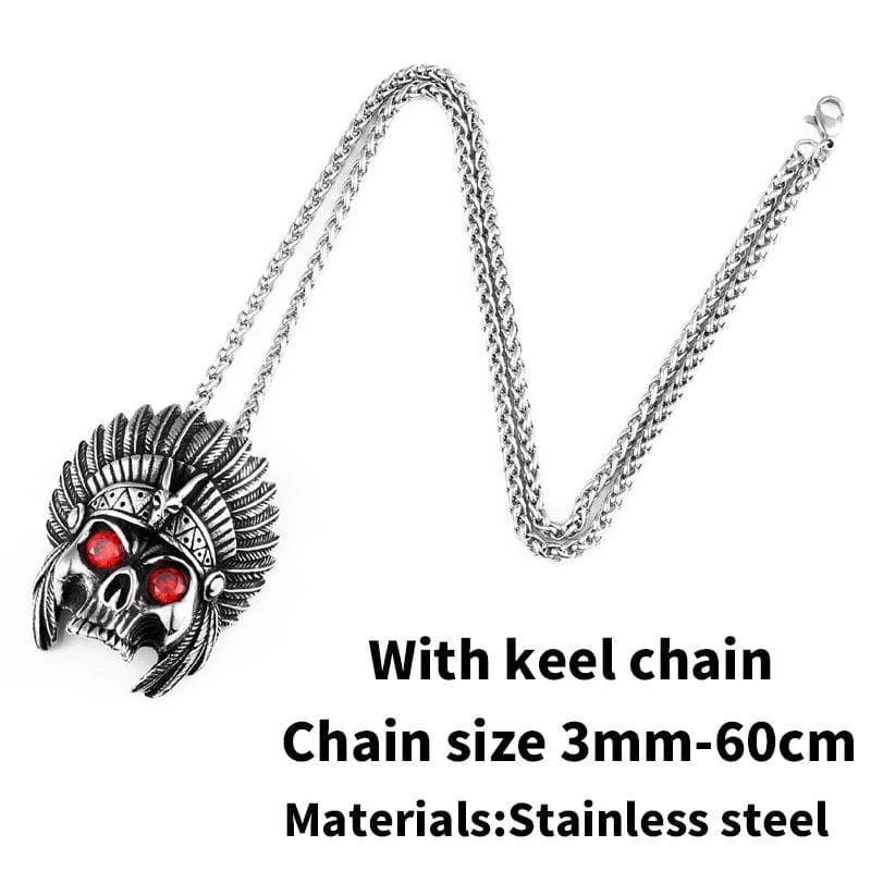 cheif skull pendant necklace with red stone Chain Stainless Steel biker huge heavy power Jewelry