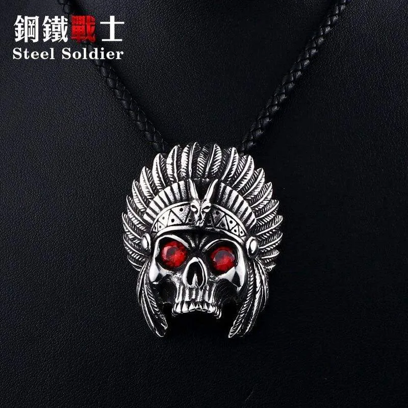 cheif skull pendant necklace with red stone Chain Stainless Steel biker huge heavy power Jewelry