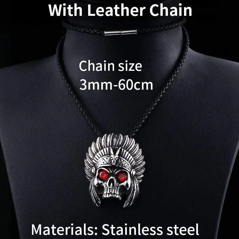 cheif skull pendant necklace with red stone Chain Stainless Steel biker huge heavy power Jewelry