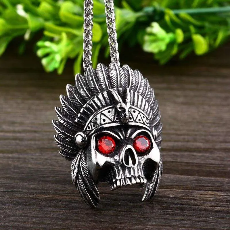 cheif skull pendant necklace with red stone Chain Stainless Steel biker huge heavy power Jewelry