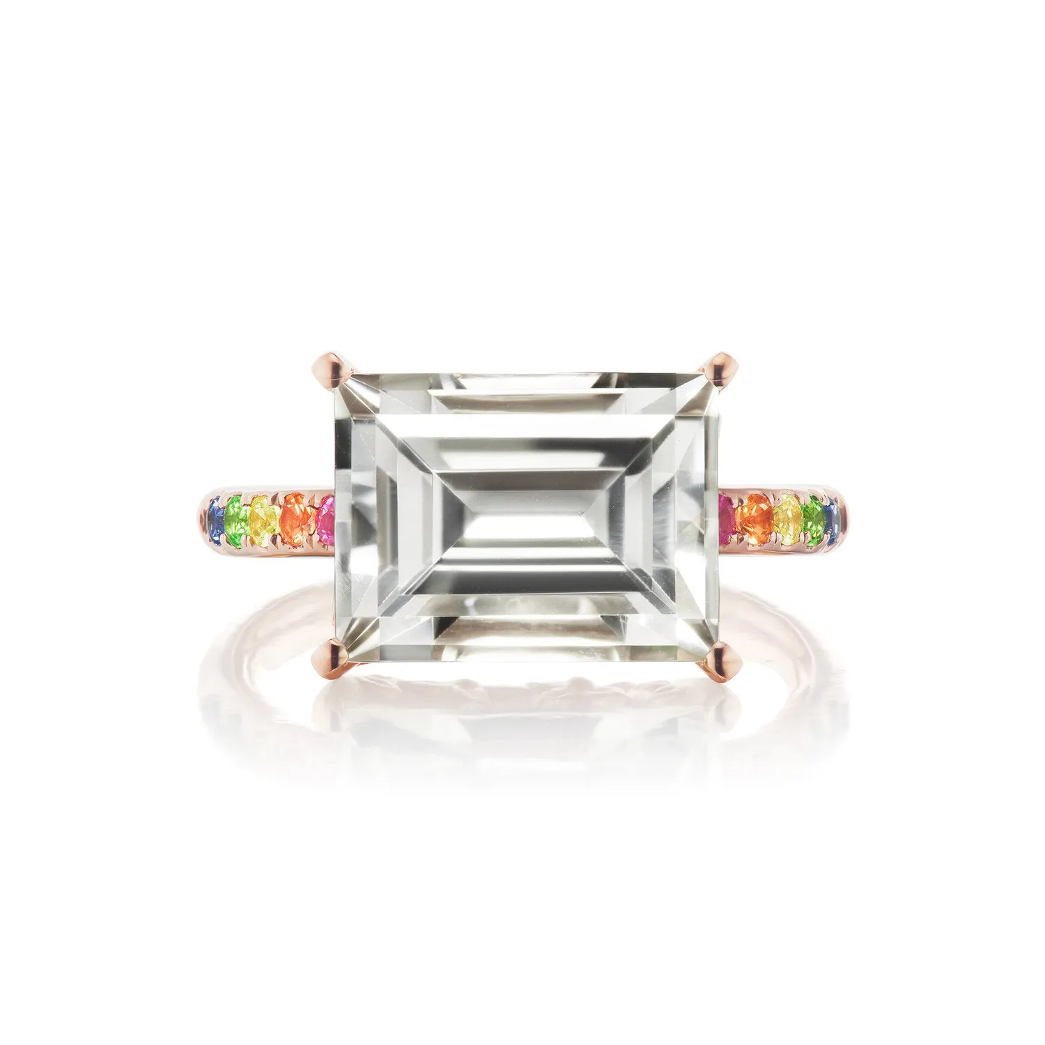 Cirque White Topaz Baguette Solitaire with Rainbow Band Ring