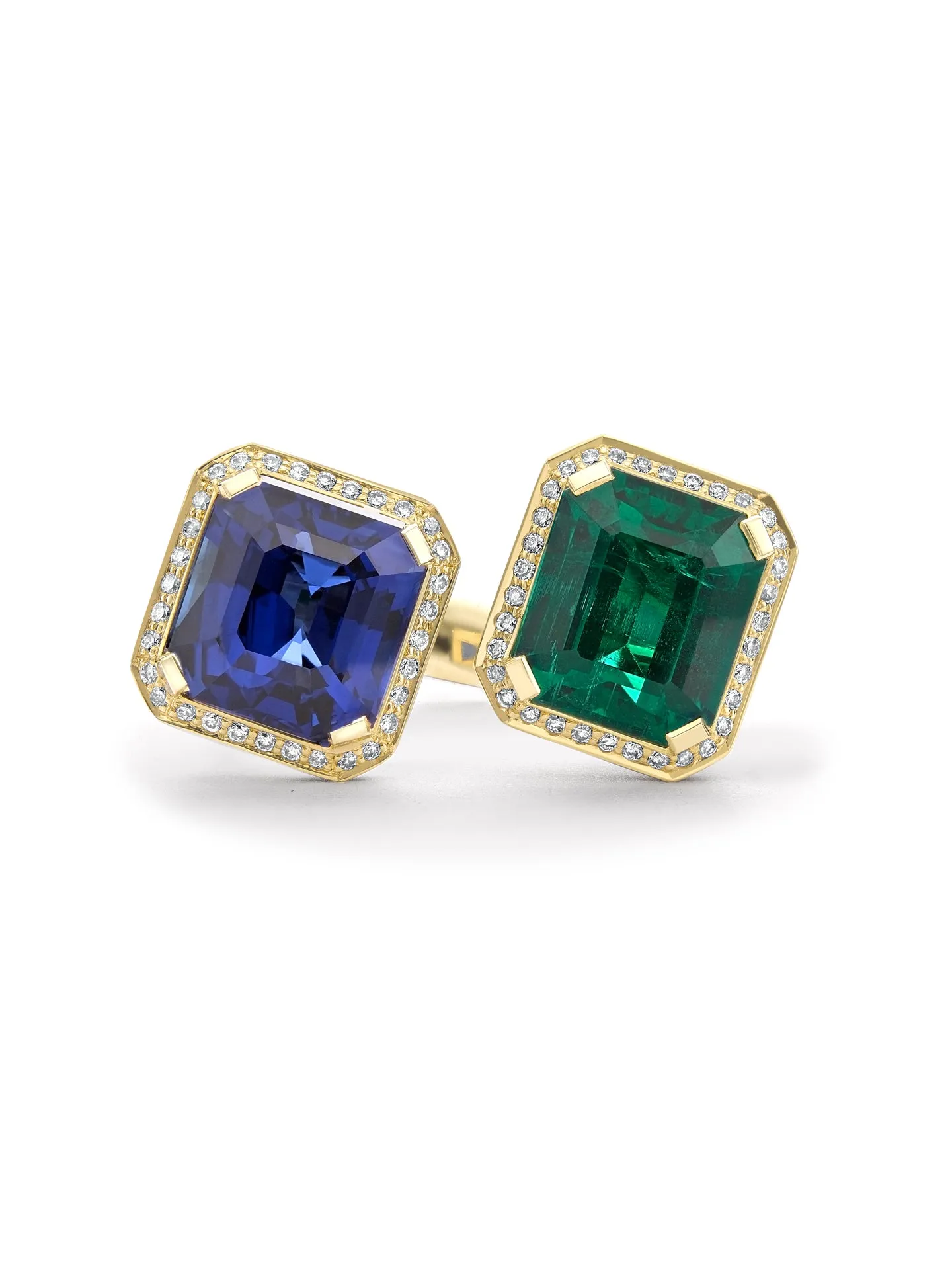 Classic Gemini Emerald and Sapphire Yellow Gold Ring