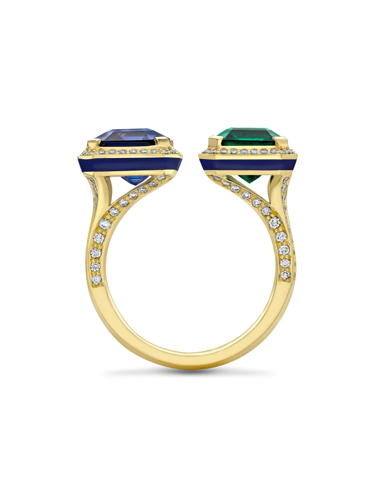 Classic Gemini Emerald and Sapphire Yellow Gold Ring