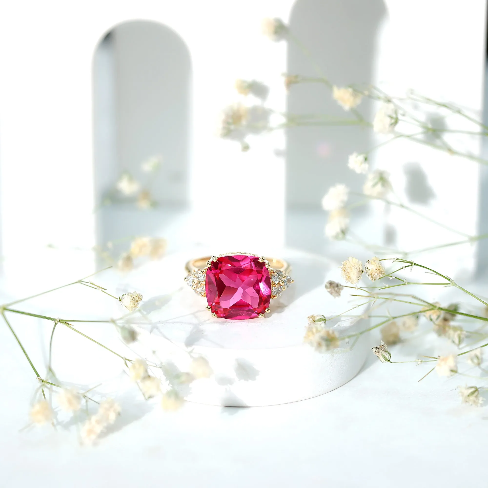 Created Pink Sapphire Solitaire Engagement Ring with Diamond Trio