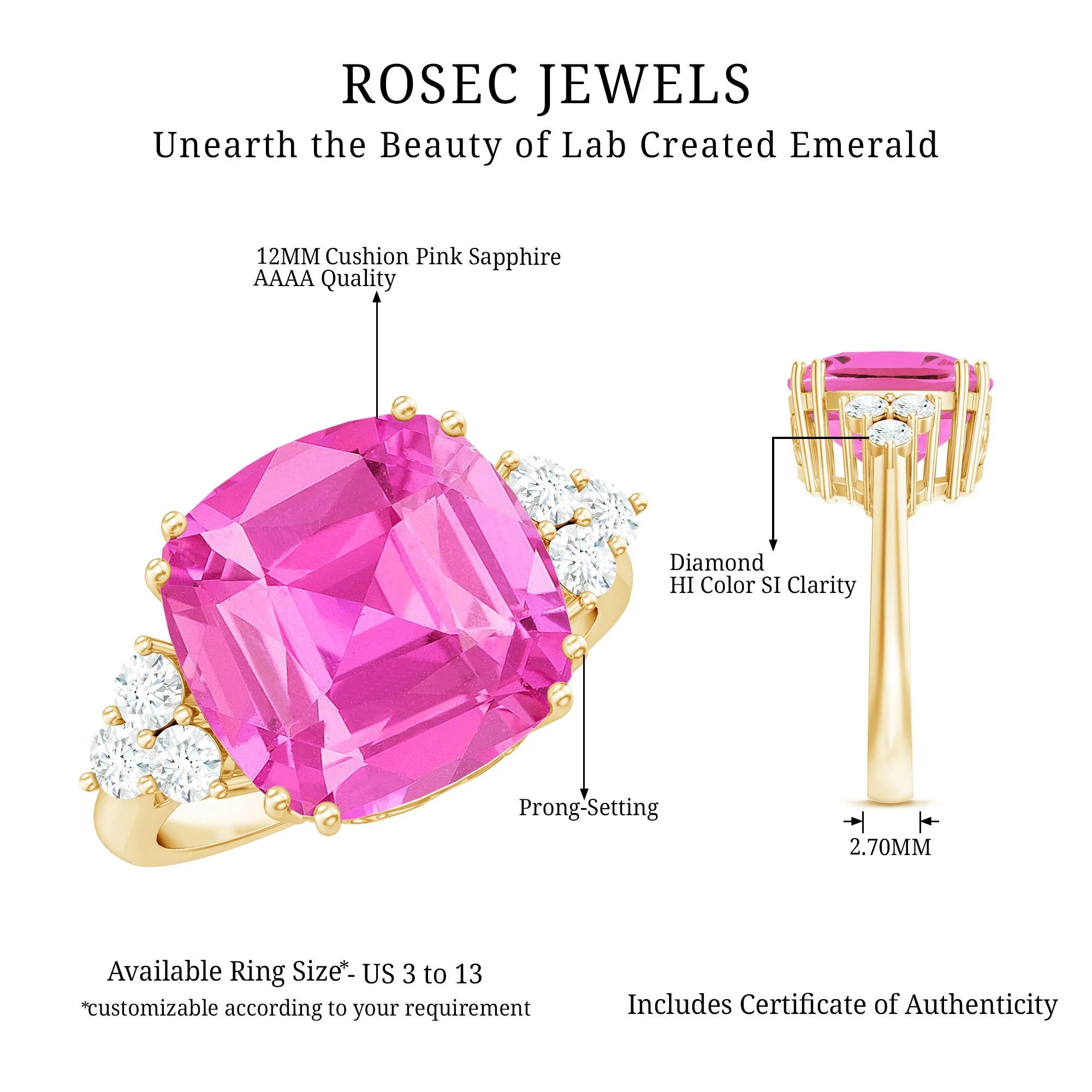 Created Pink Sapphire Solitaire Engagement Ring with Diamond Trio