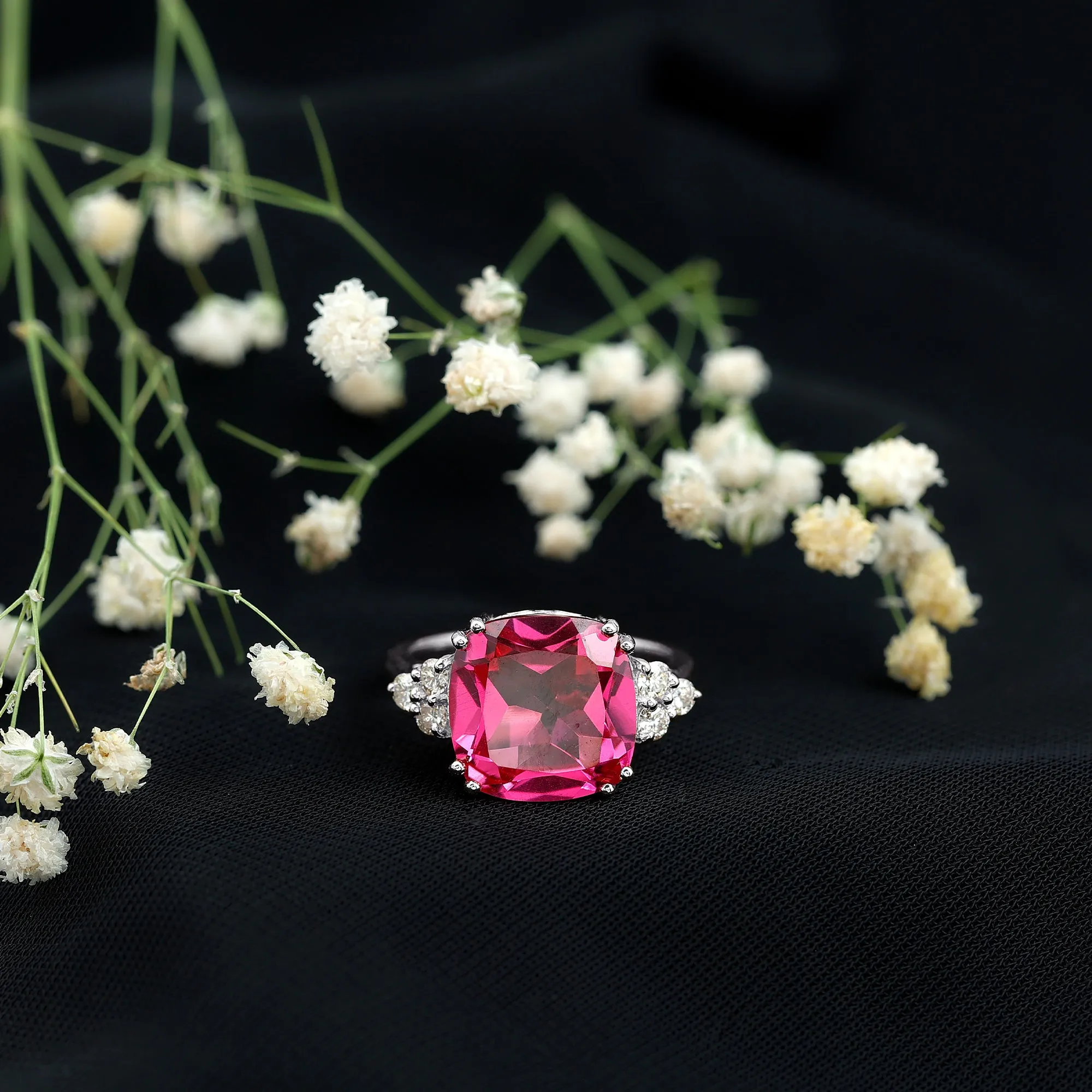 Created Pink Sapphire Solitaire Engagement Ring with Diamond Trio