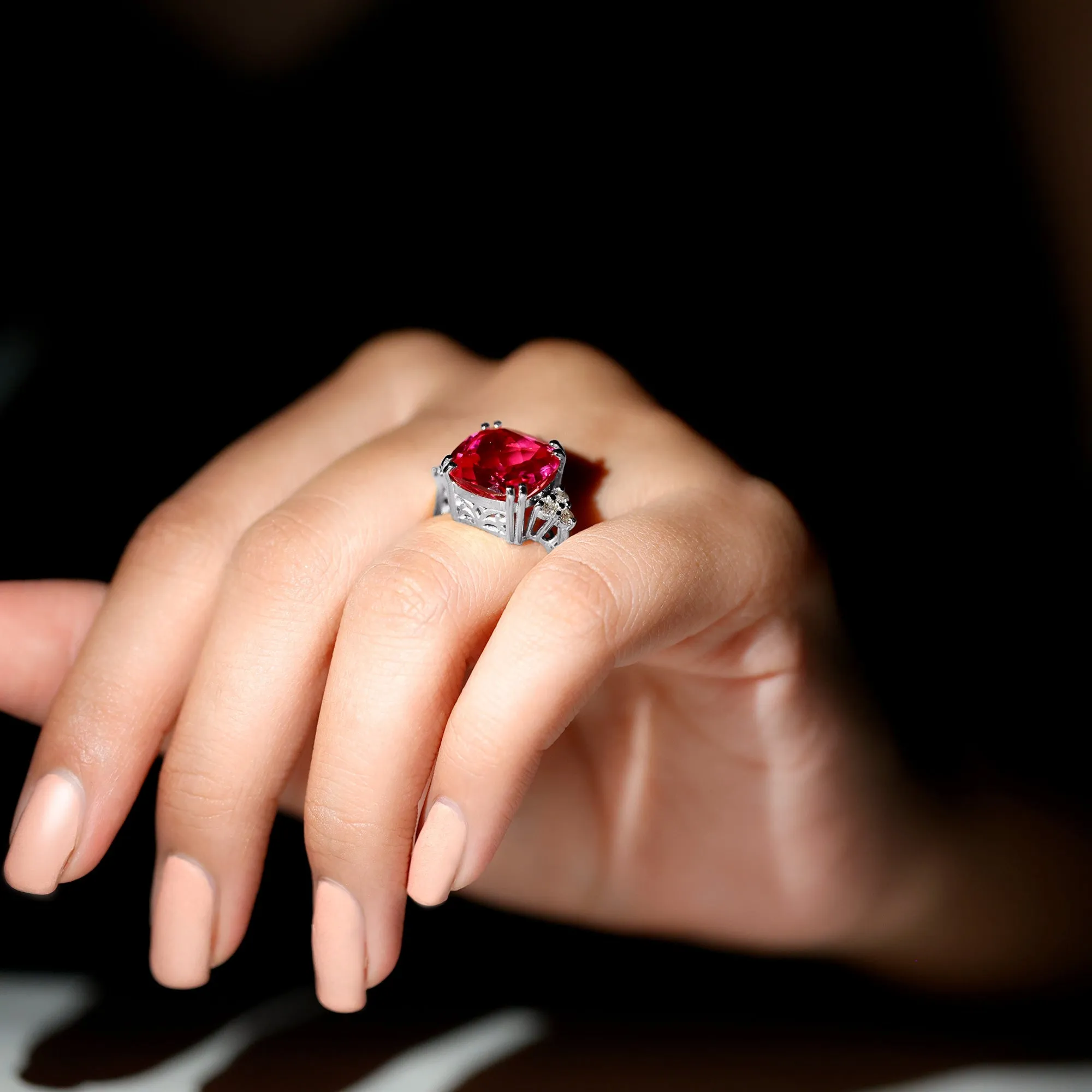 Created Pink Sapphire Solitaire Engagement Ring with Diamond Trio