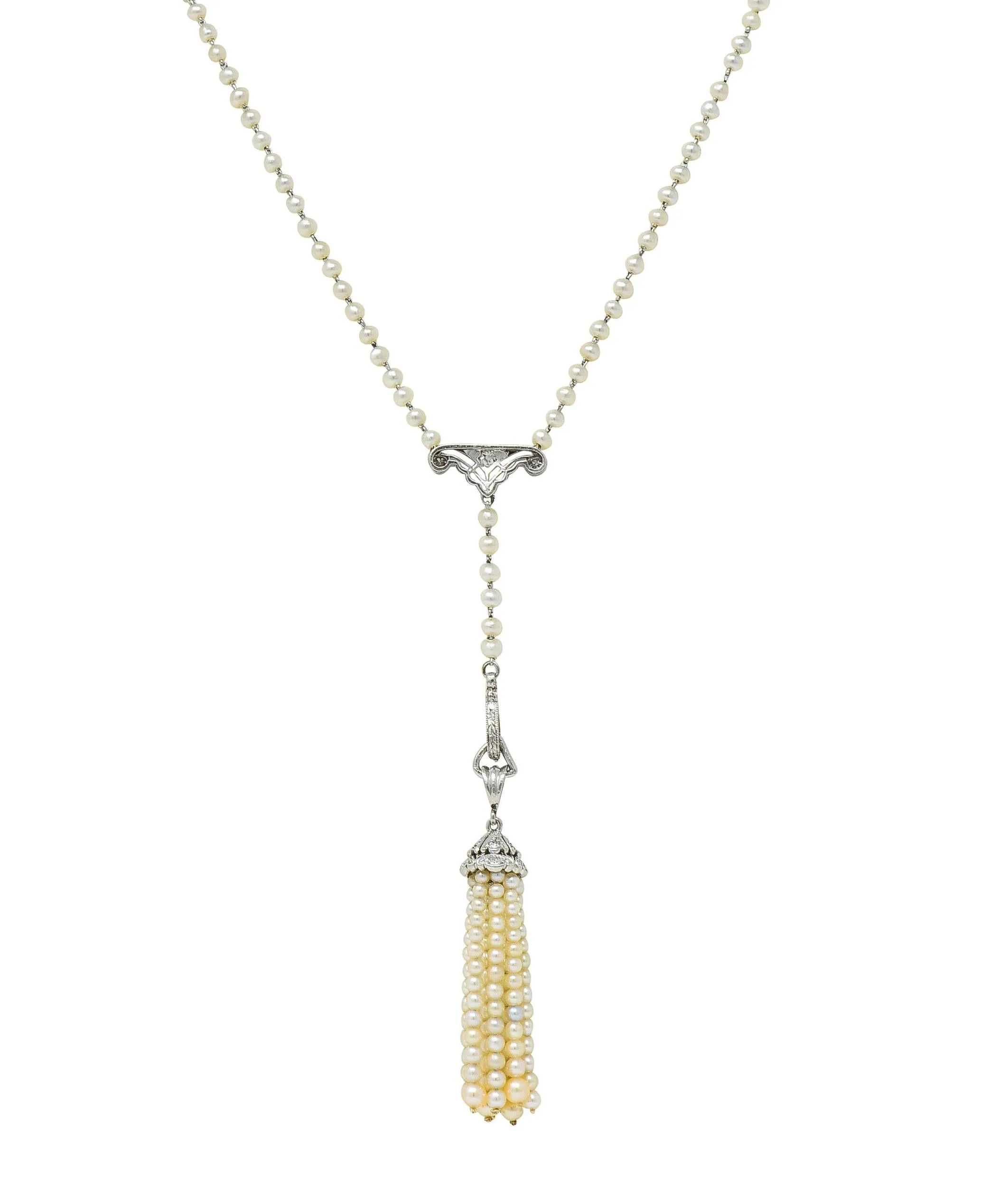 Early Art Deco Pearl Diamond Platinum Antique Lavalier Tassel Pendant Necklace