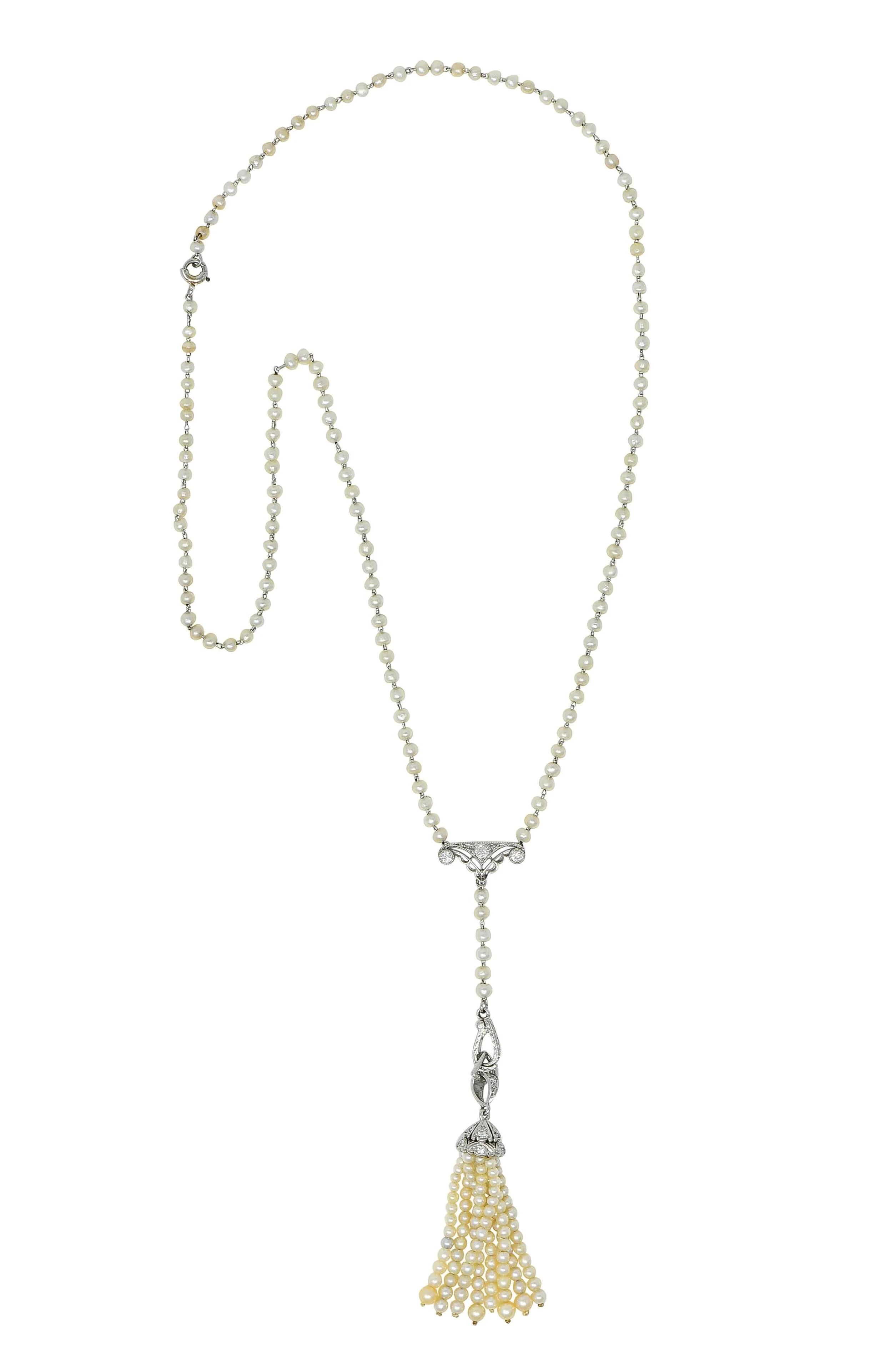 Early Art Deco Pearl Diamond Platinum Antique Lavalier Tassel Pendant Necklace