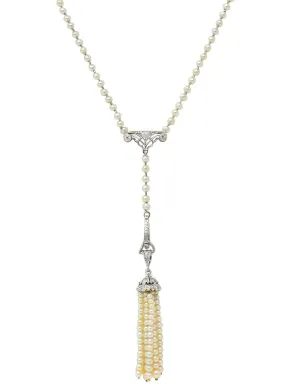 Early Art Deco Pearl Diamond Platinum Antique Lavalier Tassel Pendant Necklace