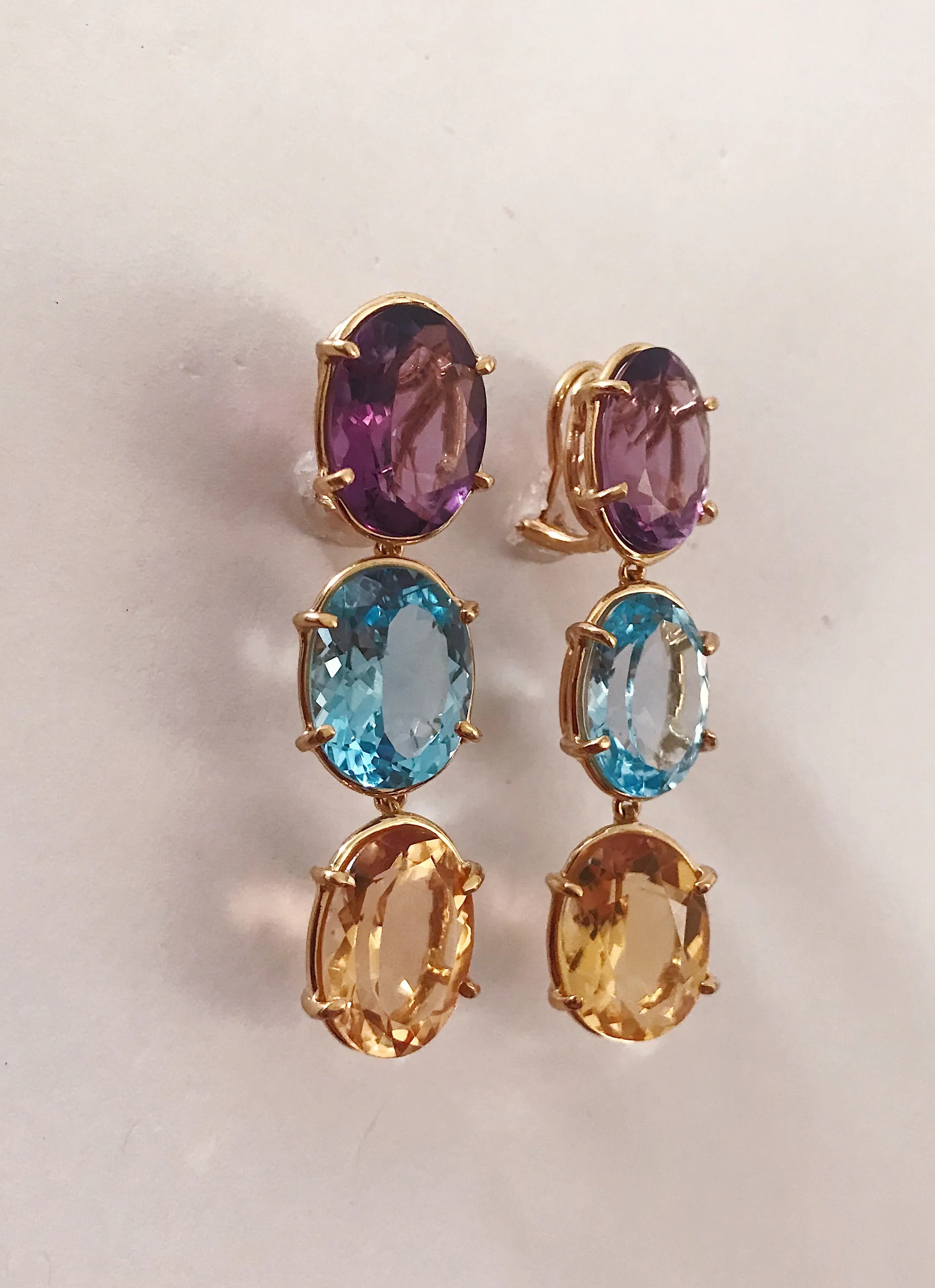 Elegant Three-Stone Drop Earring with Amethyst and Blue Topaz and Citrine