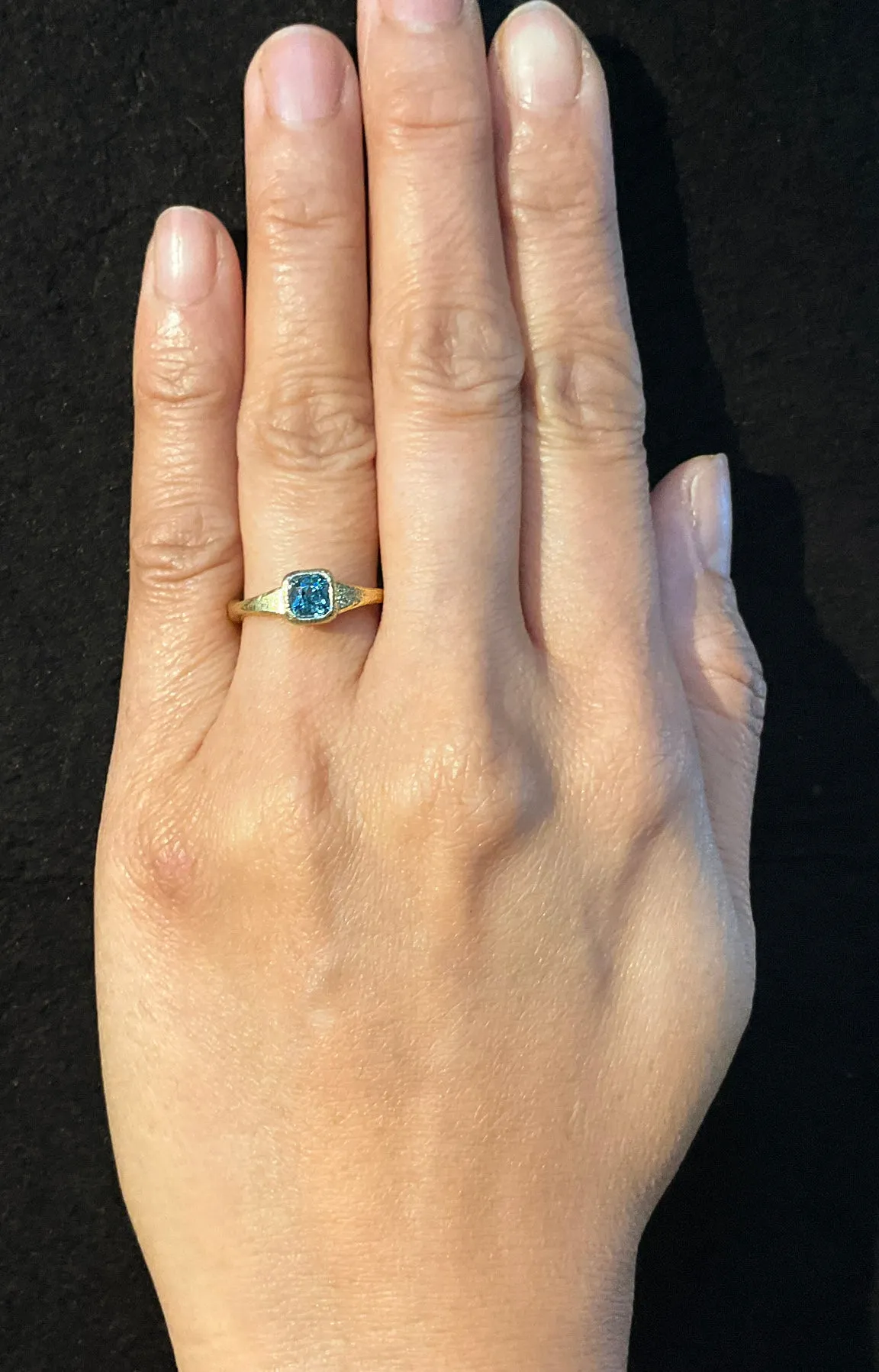 Forged Cushion Cut Blue Zircon Ring in 18k gold