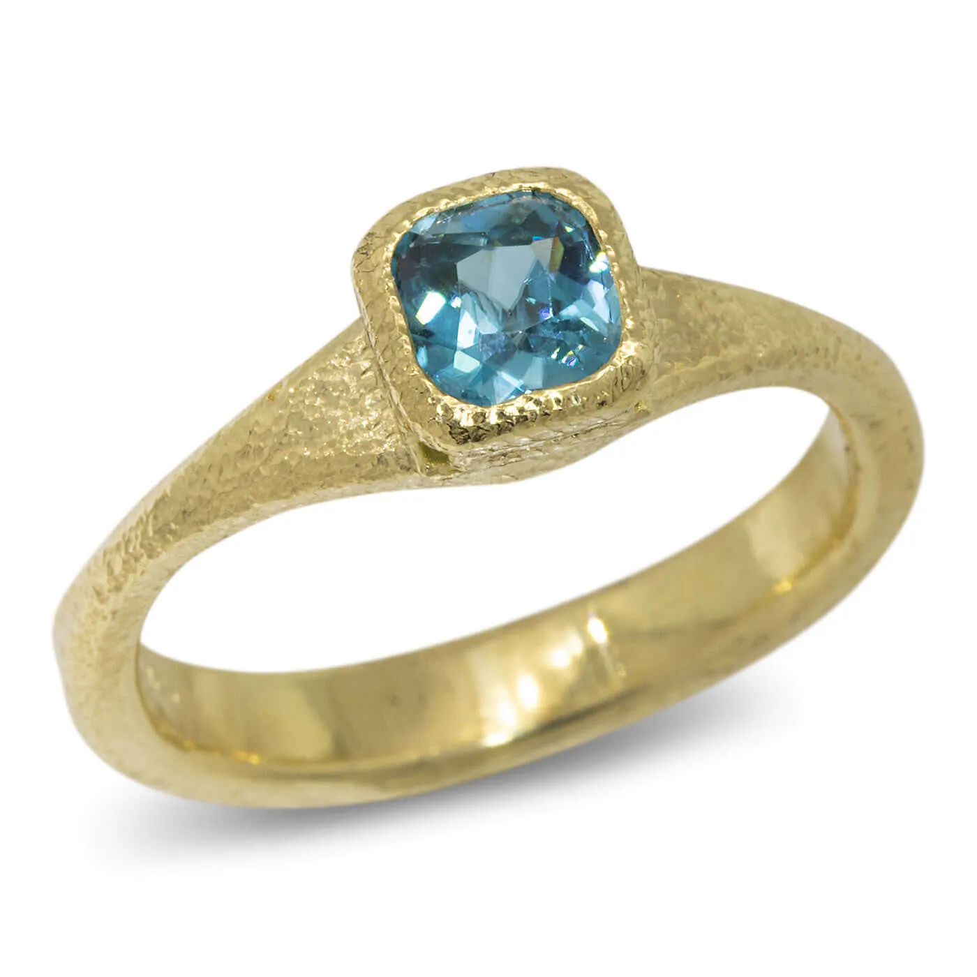 Forged Cushion Cut Blue Zircon Ring in 18k gold