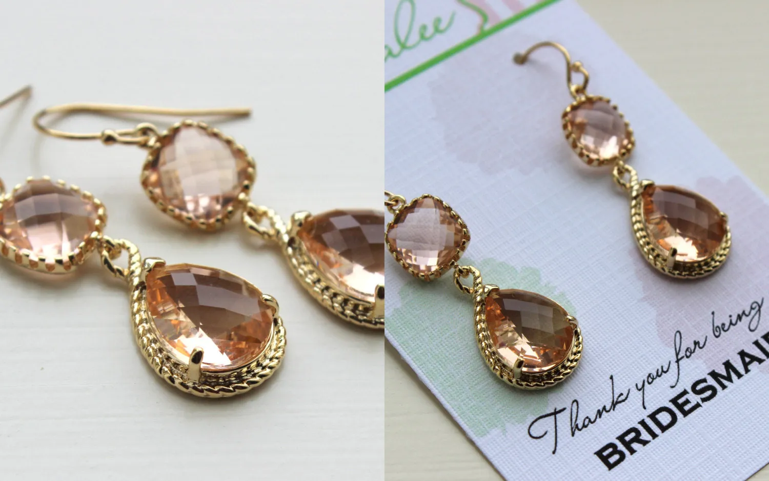 Gold Blush Earrings Two Tiered - Champagne Peach Wedding Jewelry - Pink Blush Bridesmaid Earrings Gift Peach Bridal Jewelry - Gift Under 35