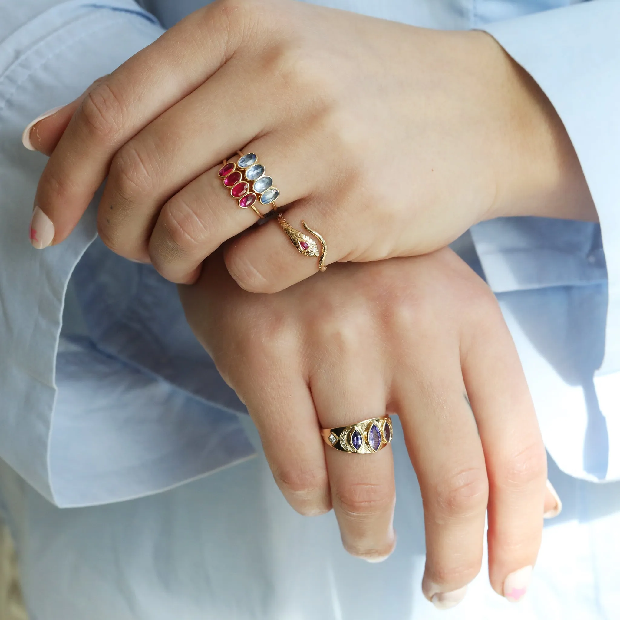 Gold Four Bezel-Set Light Blue Sapphire Ring