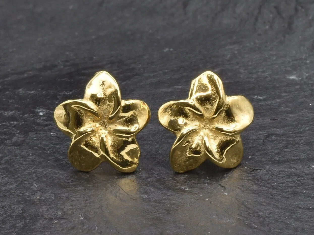 Gold Hawaiian Earrings - Gold Plumeria Earrings, Hawaiian Flower Studs