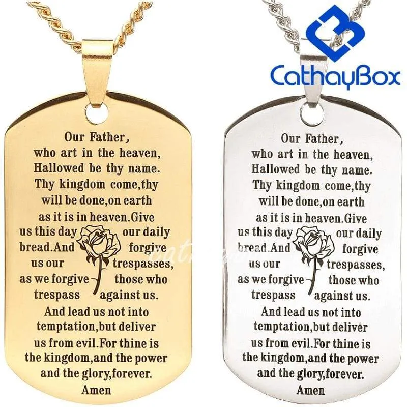 Gold/SilverTone Stainless Steel English Our Father Lord's Prayer Dog Tag Pendant Necklace 60 CM