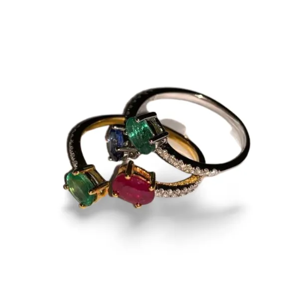 Gorgeous 18K Gold Diamond Ruby Emerald Sapphire Duo Bypass Ring