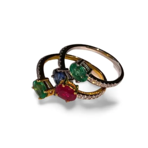 Gorgeous 18K Gold Diamond Ruby Emerald Sapphire Duo Bypass Ring