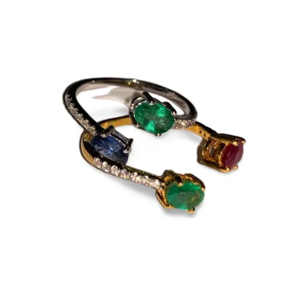 Gorgeous 18K Gold Diamond Ruby Emerald Sapphire Duo Bypass Ring