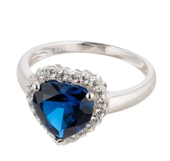 Heart Cut Faux Blue Sapphire Halo Engagement Ring In Sterling Silver