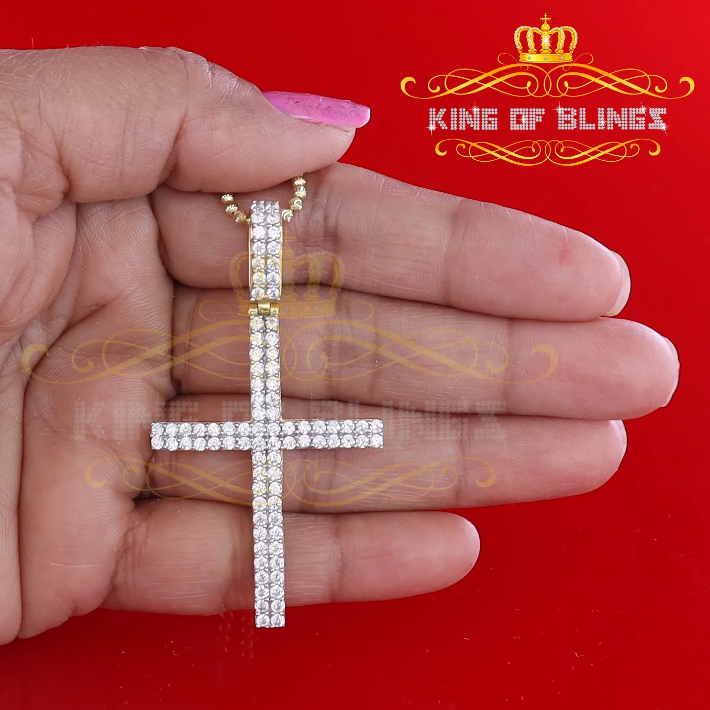 King of Bling's Yellow Sterling Silver CROSS Pendant with Cubic Zirconia Stone