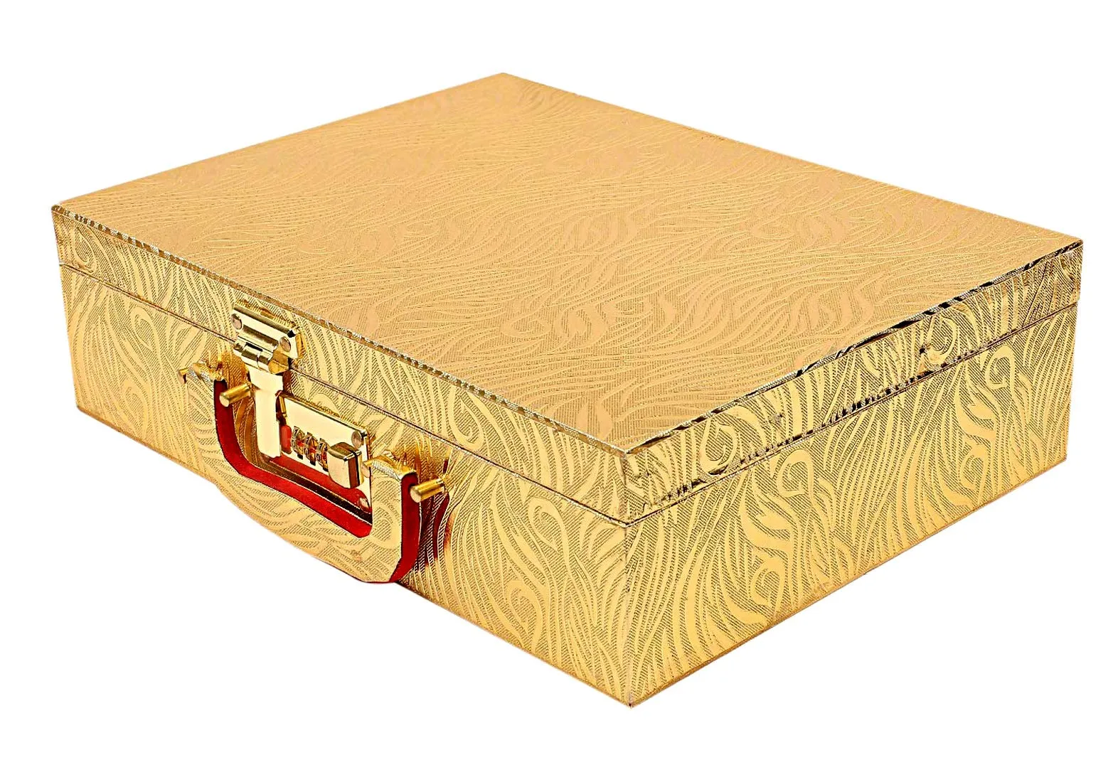 Kuber Industries Zig Zag Print Bracelet Jewellery Box with 3 Removable Rolls-Holder Stores Bracelets,Bangles & Watches-Organizer-Small Mirror With Lock System(Golden)-KUBMART15516