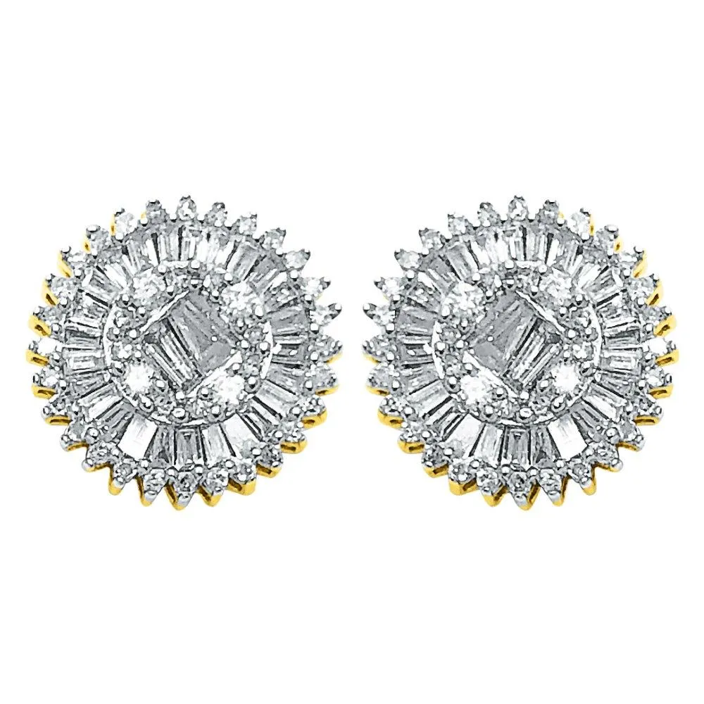 Large Baguette Sunburst Diamond Earrings .78cttw 10K Yellow Gold