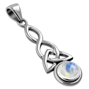 Long Rainbow Moonstone Celtic Trinity Knot Silver Pendant