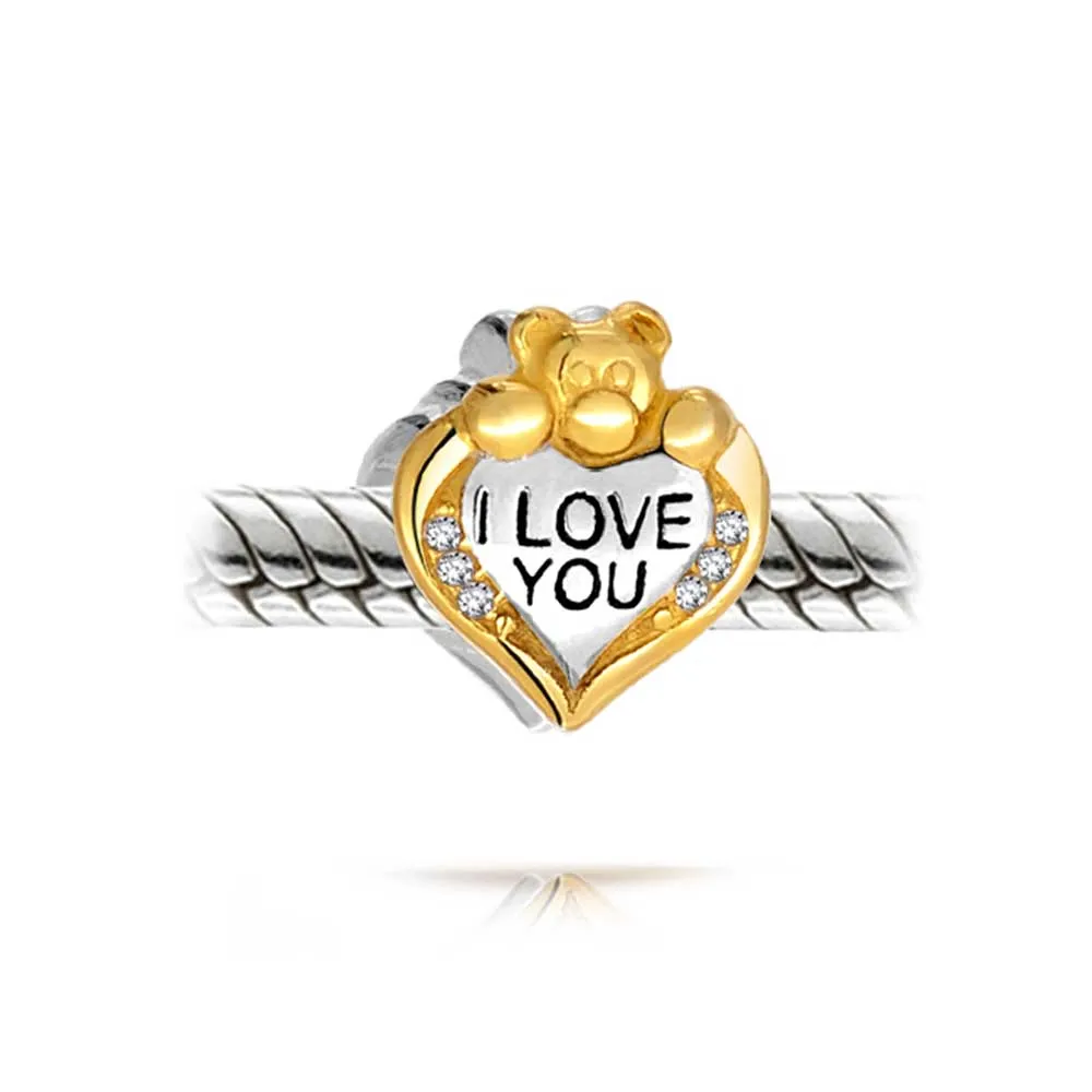 Love Heart  Stuff Animal Teddy Bear Charm Bead 2 Tone .925 Silver