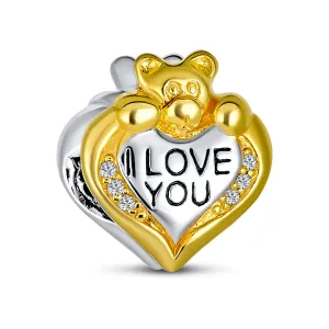 Love Heart  Stuff Animal Teddy Bear Charm Bead 2 Tone .925 Silver