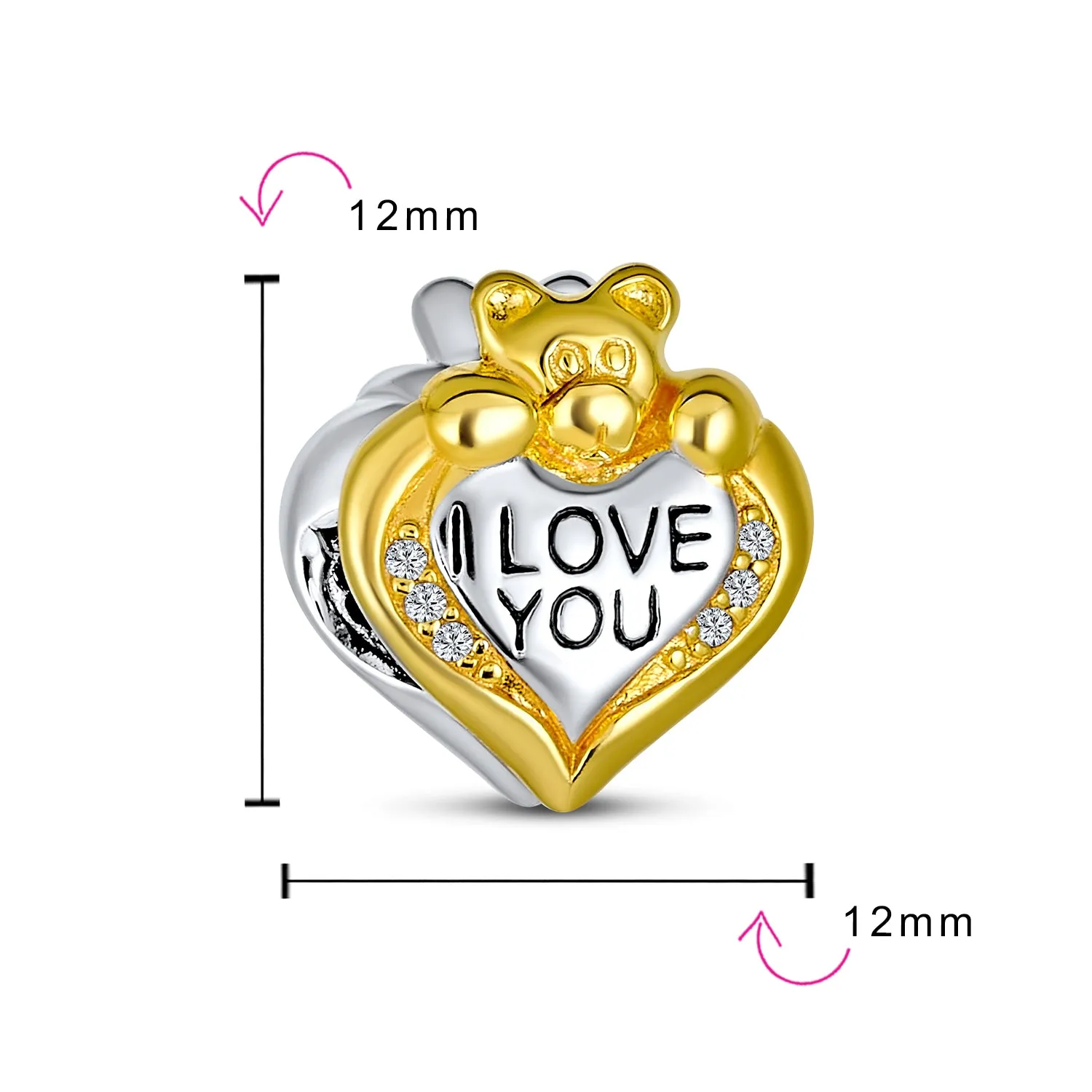 Love Heart  Stuff Animal Teddy Bear Charm Bead 2 Tone .925 Silver